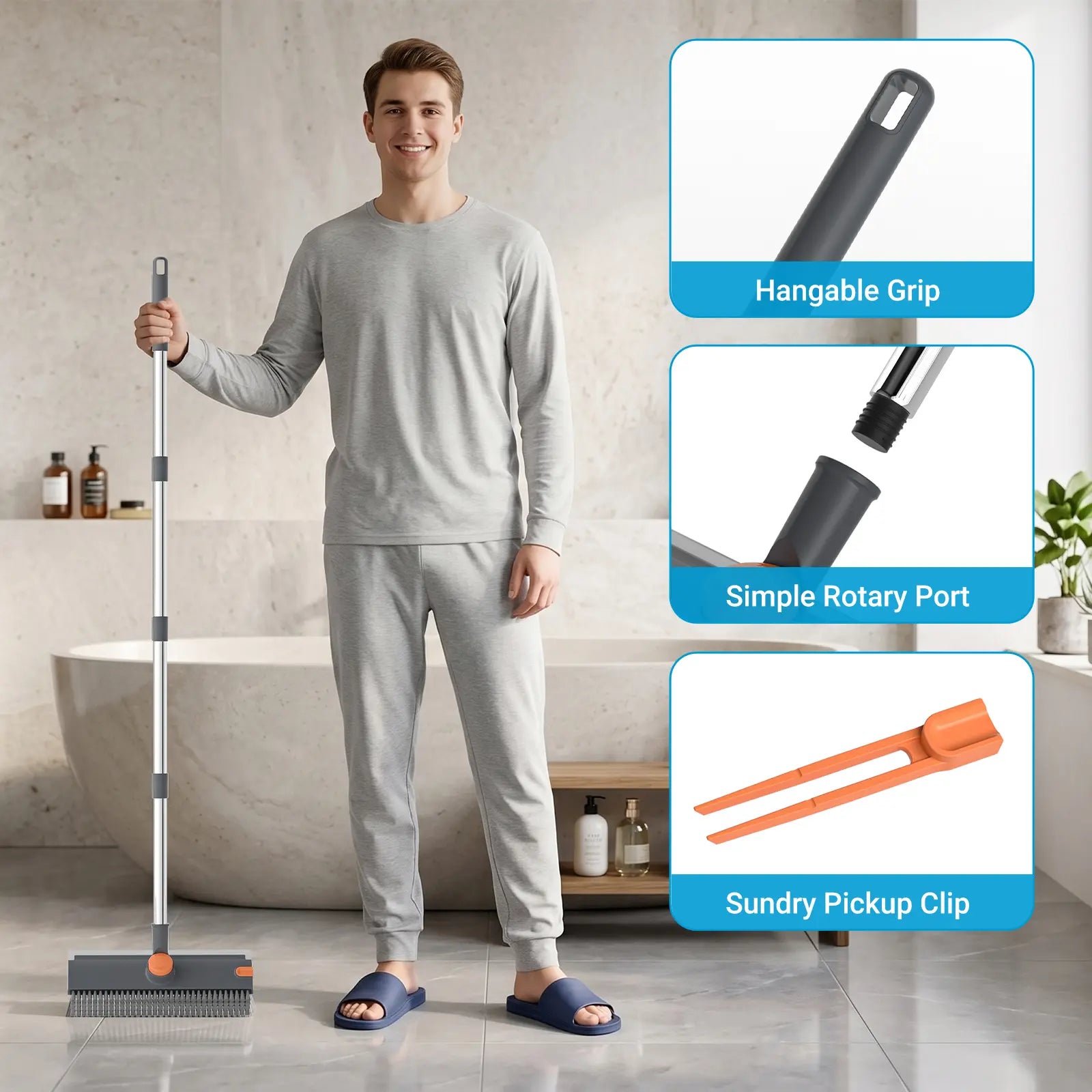 Transform Your Cleaning Routine with the GLUMZRK 3-in-1 Rotating Long-Handled Floor Scrub Brush—Adjustable Stainless Steel Handle and Silicone Squeegee for Effortless Multi-Surface Cleaning