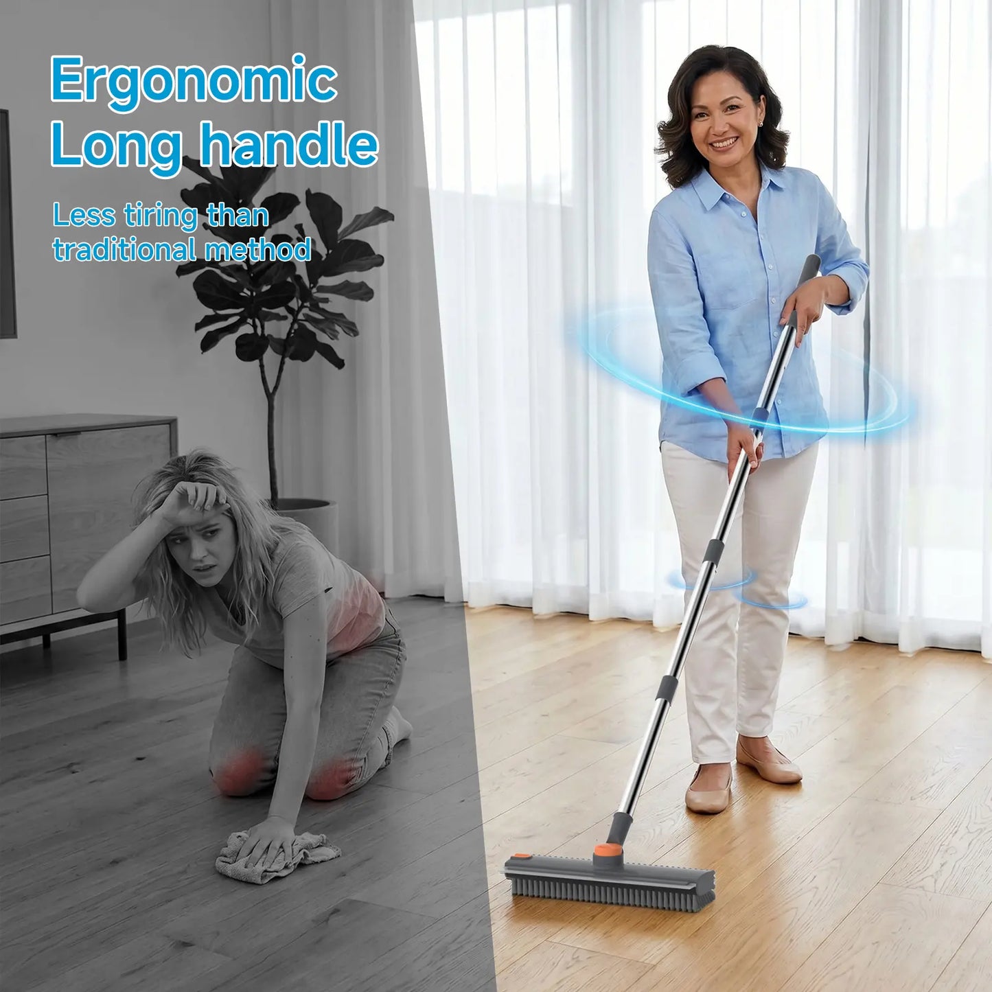 Transform Your Cleaning Routine with the GLUMZRK 3-in-1 Rotating Long-Handled Floor Scrub Brush—Adjustable Stainless Steel Handle and Silicone Squeegee for Effortless Multi-Surface Cleaning